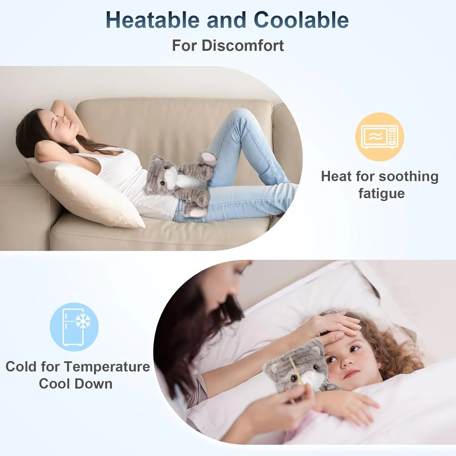 Heatable & Coolable Grey Cat Stuffed Animal, Cat Heating Pad Microwavable for Soothing & Relaxation, Lavender Scented Cat Plush Toy for Stress Relief, Stuffed Cat Toys for Kids
