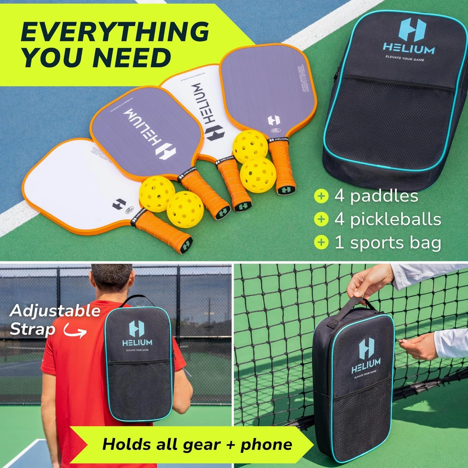 Helium Pickleball Paddles Set of 4 - USAPA Certified - Graphite Fiberglass Surface, Lightweight Honeycomb Core