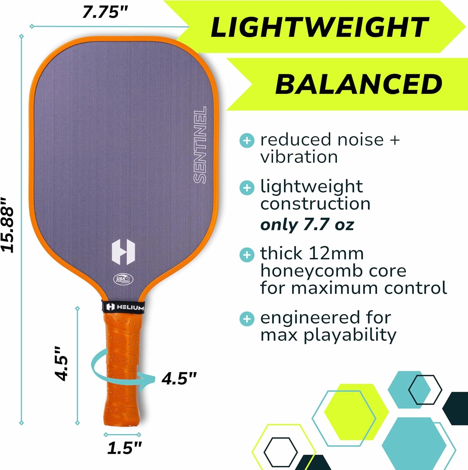 Helium Pickleball Paddles Set of 4 - USAPA Certified - Graphite Fiberglass Surface, Lightweight Honeycomb Core
