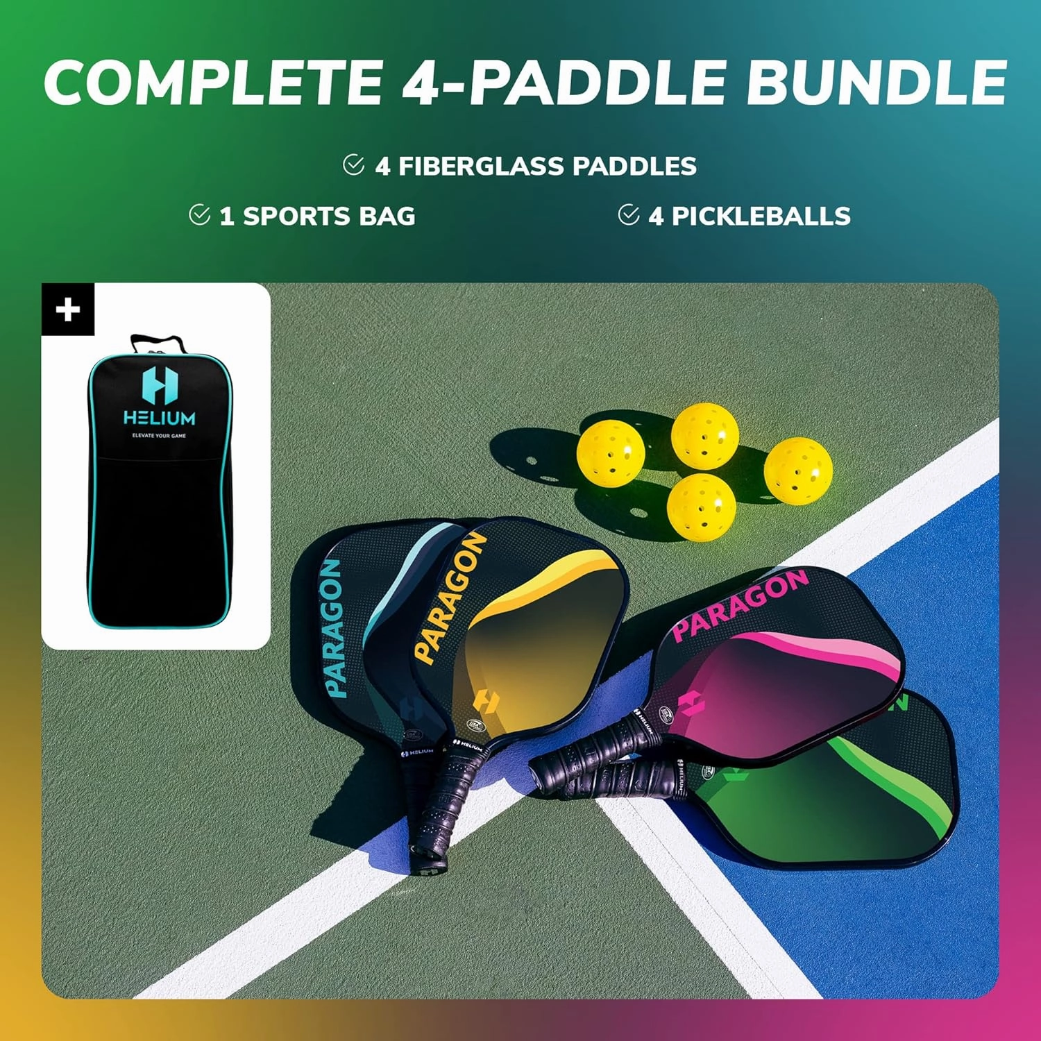 Helium Pickleball Paddles Set of 4 - USAPA Certified - Graphite Fiberglass Surface, Lightweight Honeycomb Core