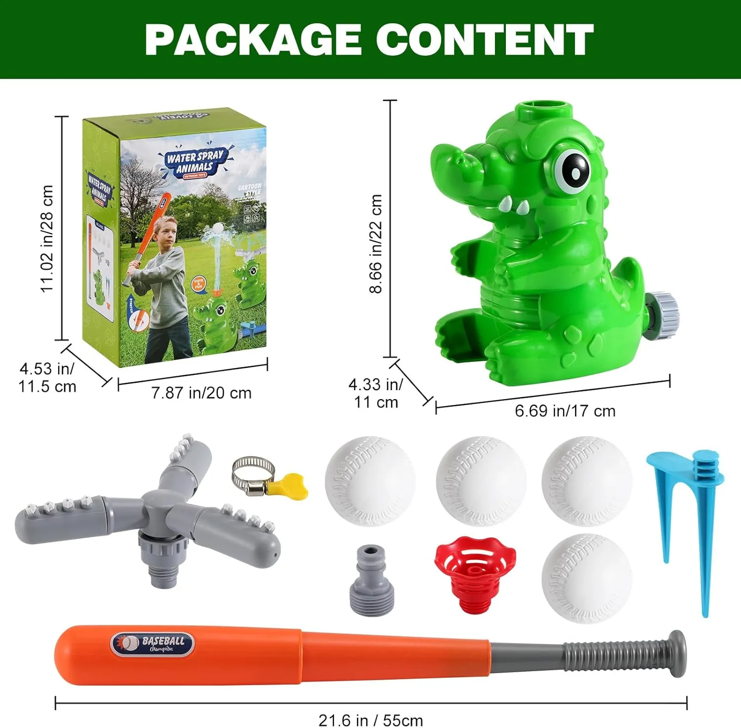 HeySplash Water Sprinkler Baseball Toy, 2 in 1 Water Spray Sprinkler Ball Set with 2 Detachable Sprinkler Heads, Outdoor Summer Toys Outside Toys for Toddlers and Kids, Green Crocodile