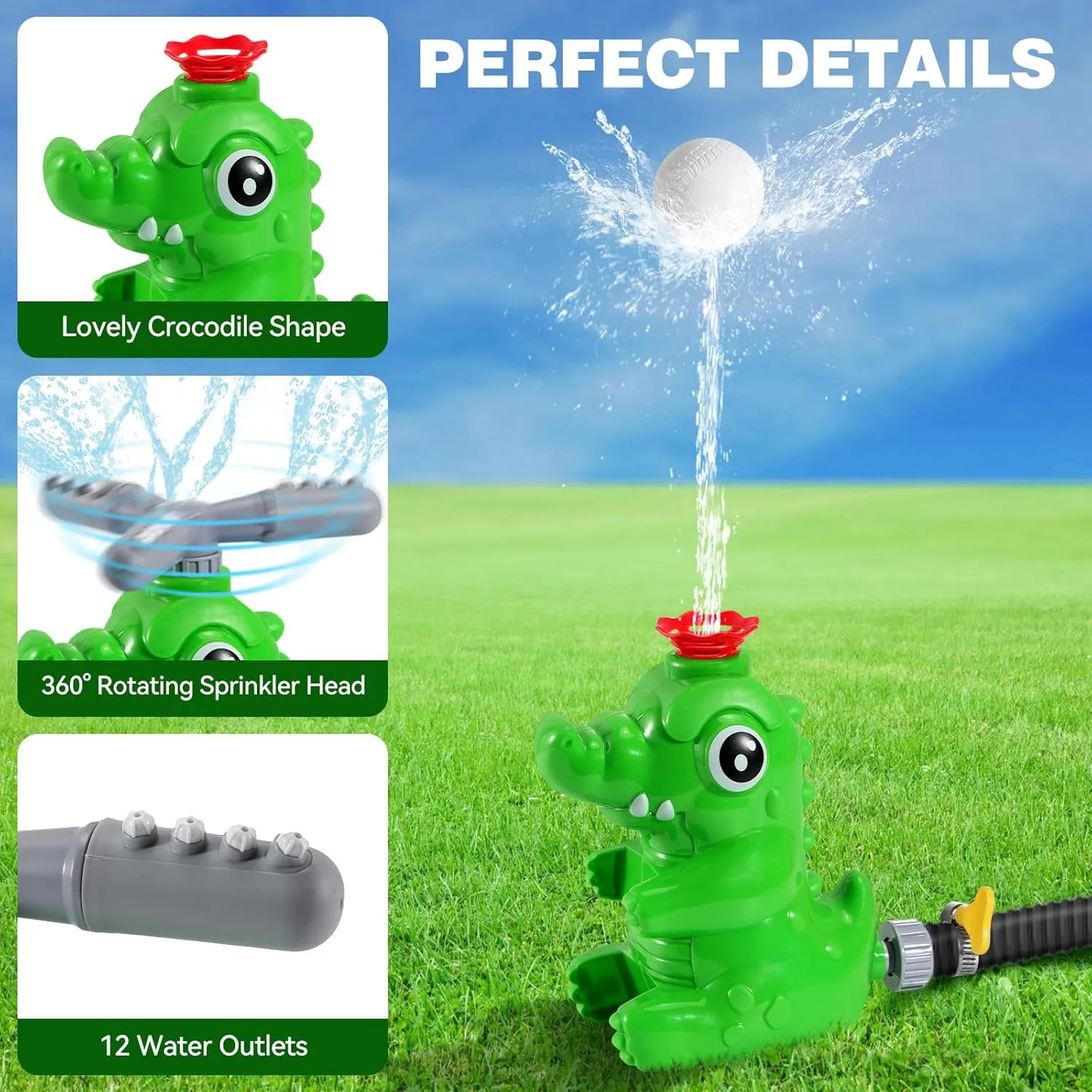 HeySplash Water Sprinkler Baseball Toy, 2 in 1 Water Spray Sprinkler Ball Set with 2 Detachable Sprinkler Heads, Outdoor Summer Toys Outside Toys for Toddlers and Kids, Green Crocodile