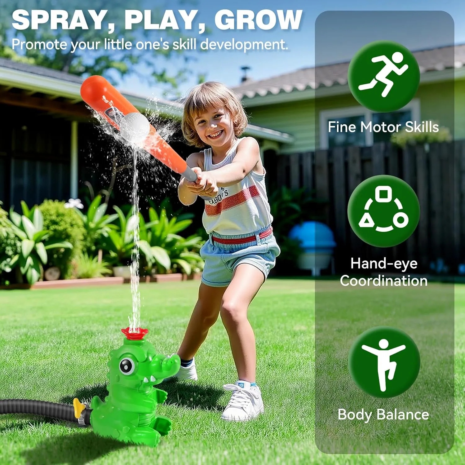 HeySplash Water Sprinkler Baseball Toy, 2 in 1 Water Spray Sprinkler Ball Set with 2 Detachable Sprinkler Heads, Outdoor Summer Toys Outside Toys for Toddlers and Kids, Green Crocodile