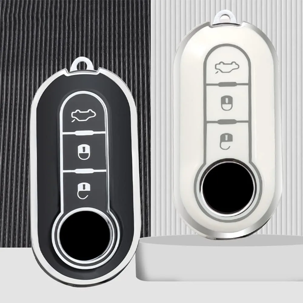 HIBEYO Key Fob Cover Compatible with Fiat Ducato 500 500L Panda Grande Punto Lancia Musa 3 Button Keys Car Accessories TPU Silver-Edge Smart Remote Auto Key Case with Leather Keychains-Whtie