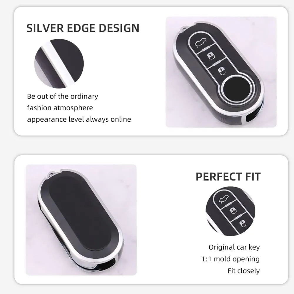 HIBEYO Key Fob Cover Compatible with Fiat Ducato 500 500L Panda Grande Punto Lancia Musa 3 Button Keys Car Accessories TPU Silver-Edge Smart Remote Auto Key Case with Leather Keychains-Whtie