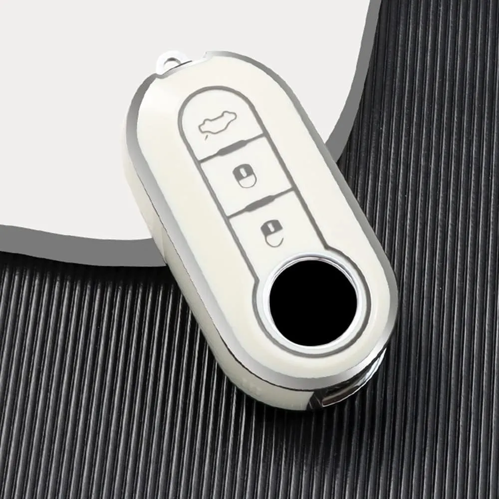 HIBEYO Key Fob Cover Compatible with Fiat Ducato 500 500L Panda Grande Punto Lancia Musa 3 Button Keys Car Accessories TPU Silver-Edge Smart Remote Auto Key Case with Leather Keychains-Whtie