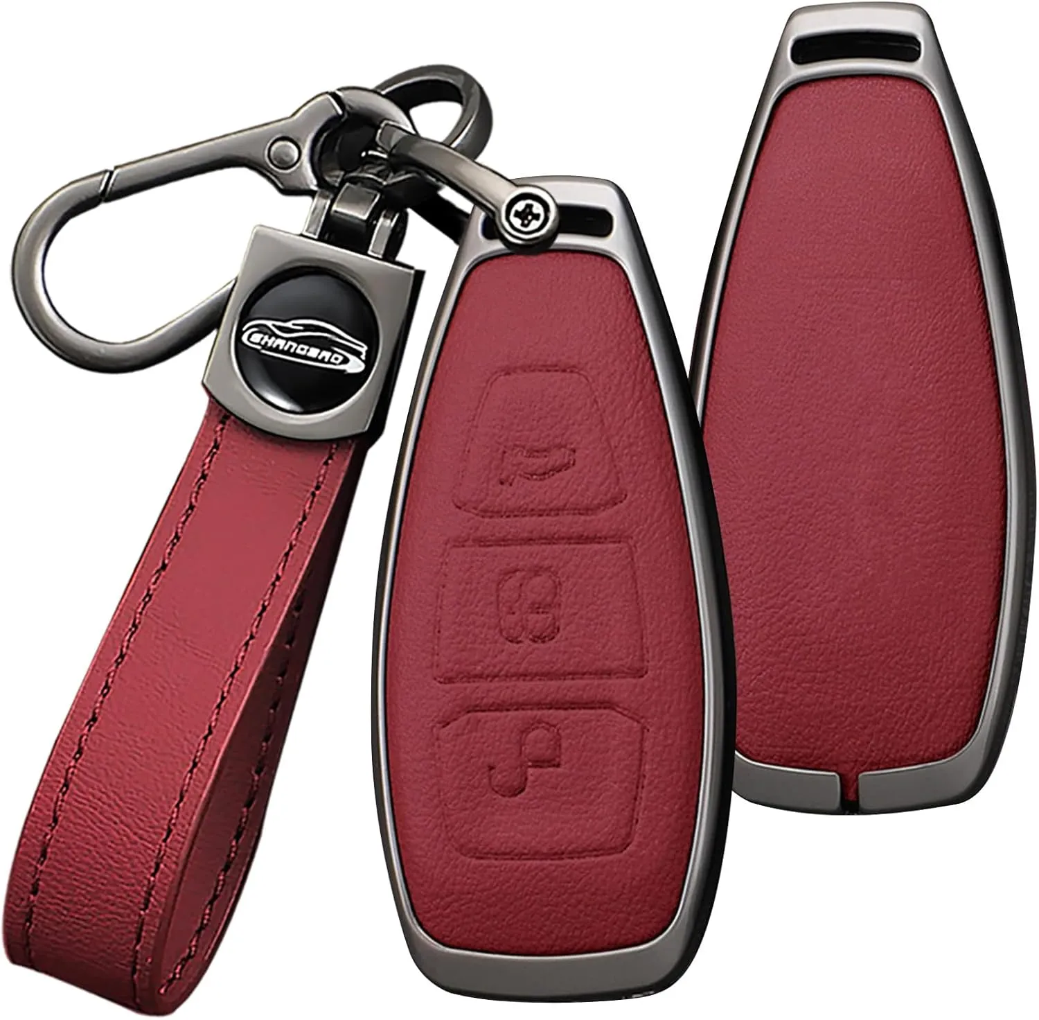 HIBEYO Key Fob Cover Compatible with Ford Focus 3 4 ST Mondeo MK3 MK4 Fiesta Fusion Kuga 2013 2014 2015 2017 Transit Tourneo Key Case Leather&Alloy Accessories-A Keychain Red