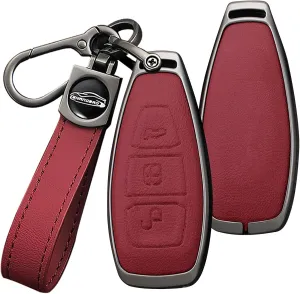 HIBEYO Key Fob Cover Compatible with Ford Focus 3 4 ST Mondeo MK3 MK4 Fiesta Fusion Kuga 2013 2014 2015 2017 Transit Tourneo Key Case Leather&Alloy Accessories-A Keychain Red