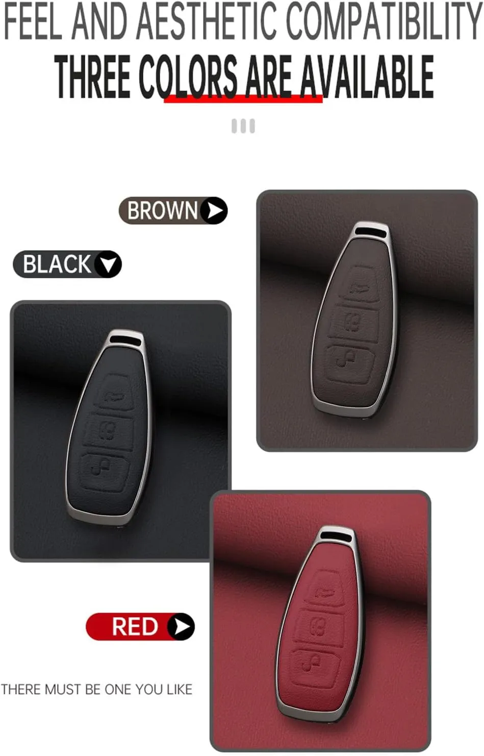 HIBEYO Key Fob Cover Compatible with Ford Focus 3 4 ST Mondeo MK3 MK4 Fiesta Fusion Kuga 2013 2014 2015 2017 Transit Tourneo Key Case Leather&Alloy Accessories-A Keychain Red