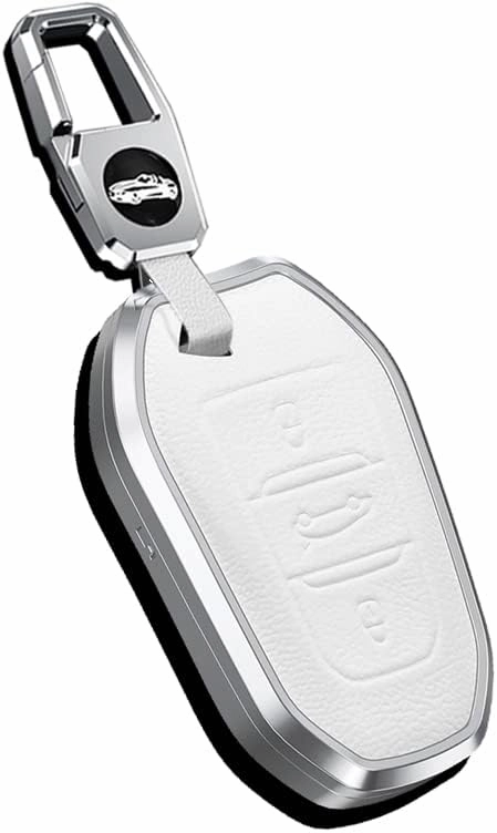 HIBEYO Alloy Leather Texture Car Key Fob Cover with Keychain fits for Peugeot Citroen Picasso Elysee 308 407 3085 5008 C3 DS5 DS6 Car Key Case Cover Jacket Smart Remote Car Key Holder 3 Button White