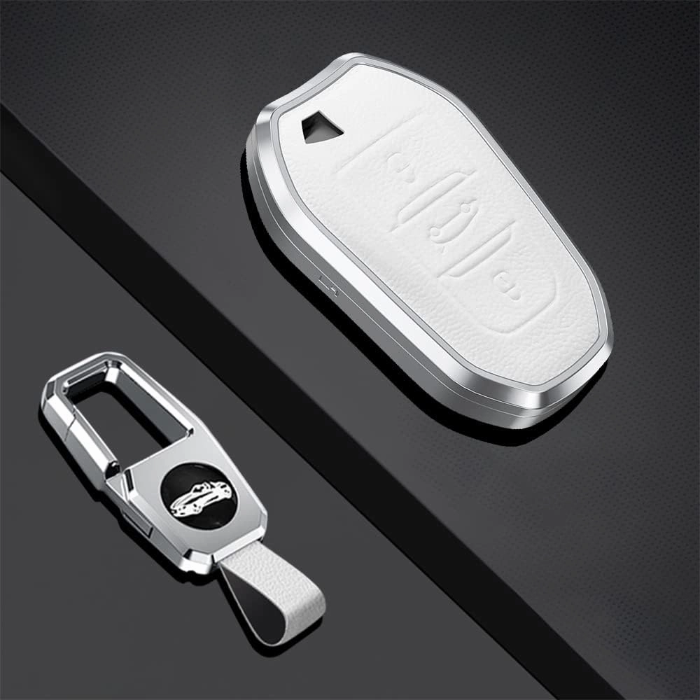HIBEYO Alloy Leather Texture Car Key Fob Cover with Keychain fits for Peugeot Citroen Picasso Elysee 308 407 3085 5008 C3 DS5 DS6 Car Key Case Cover Jacket Smart Remote Car Key Holder 3 Button White