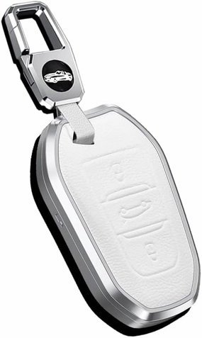 HIBEYO Alloy Leather Texture Car Key Fob Cover with Keychain fits for Peugeot Citroen Picasso Elysee 308 407 3085 5008 C3 DS5 DS6 Car Key Case Cover Jacket Smart Remote Car Key Holder 3 Button White