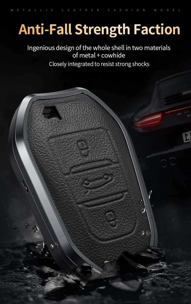HIBEYO Alloy Leather Texture Car Key Fob Cover with Keychain fits for Peugeot Citroen Picasso Elysee 308 407 3085 5008 C3 DS5 DS6 Car Key Case Cover Jacket Smart Remote Car Key Holder 3 Button White