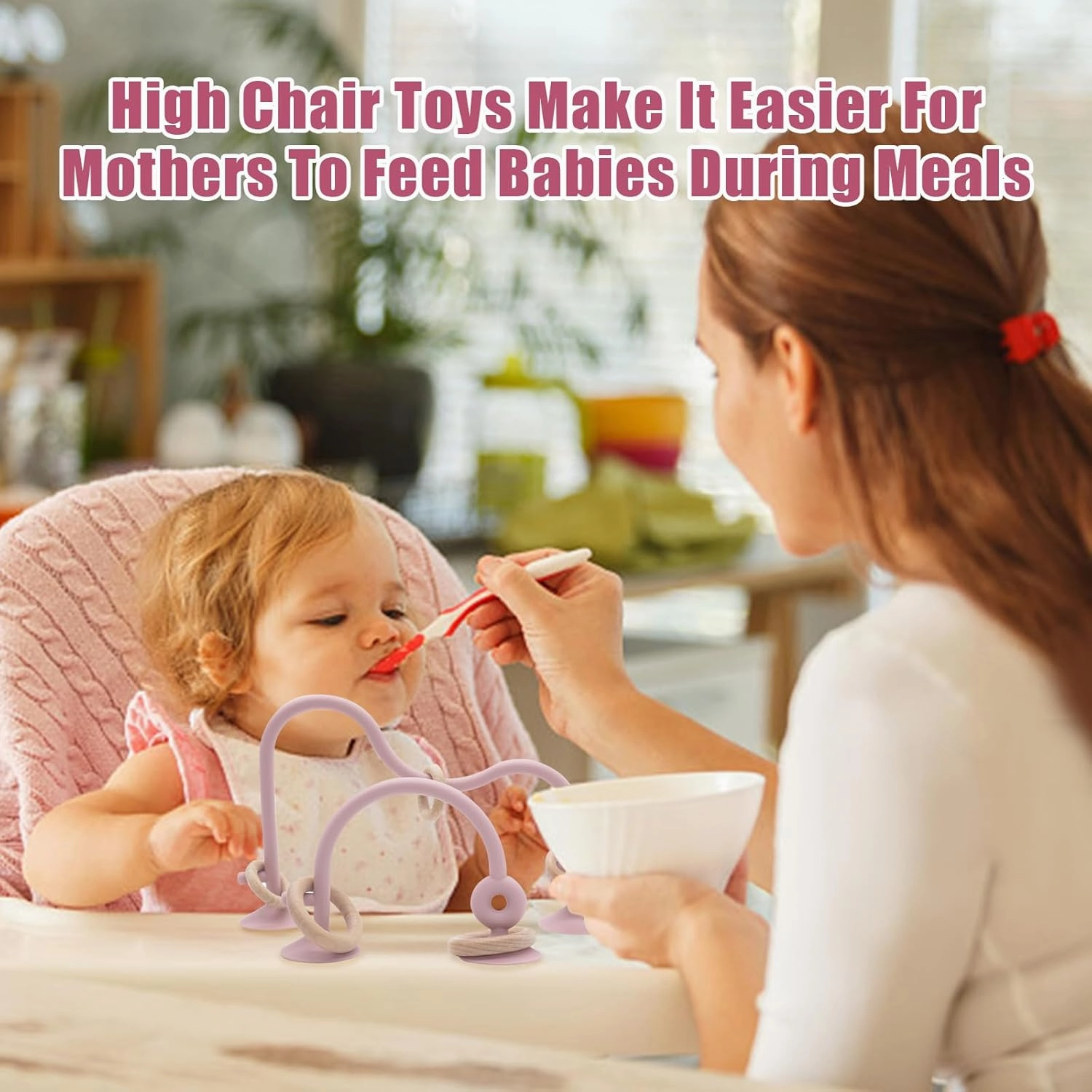 High Chair Toys with Suction Cups for Infant Toddlers,Food Grade Silicone Teething Toy for Kids 6 9 12 18 M ,Interactive Toys for 1 Year Old，Perfect for Travel and Restaurant（Pink）