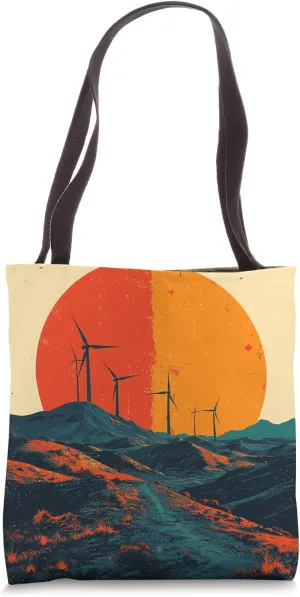 Hill With Wind Turbines Vintage Landscape Graphic Tote Bag