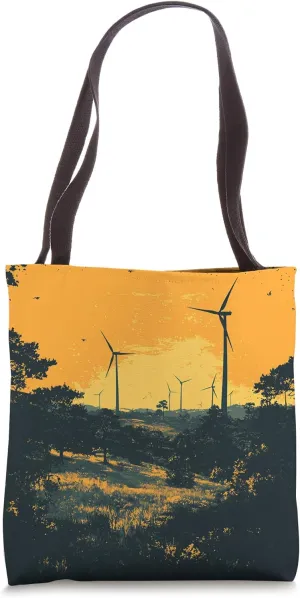 Hill With Wind Turbines Vintage Landscape Graphic Tote Bag