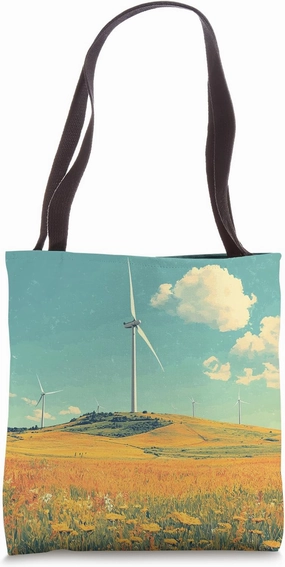 Hill With Wind Turbines Vintage Landscape Graphic Tote Bag
