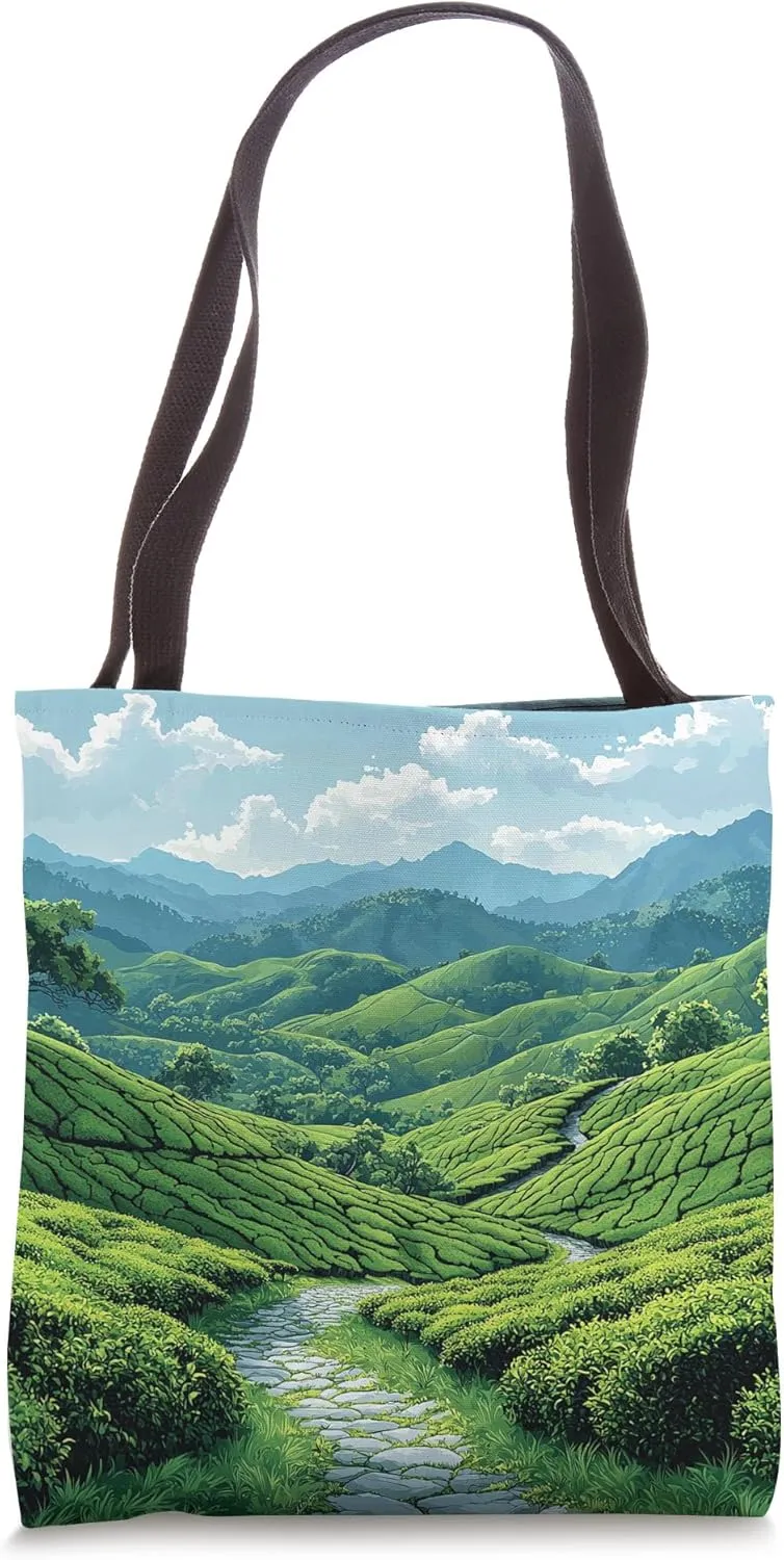 Hills With Tea Plantations Vintage Landscape Graphic Tote Bag
