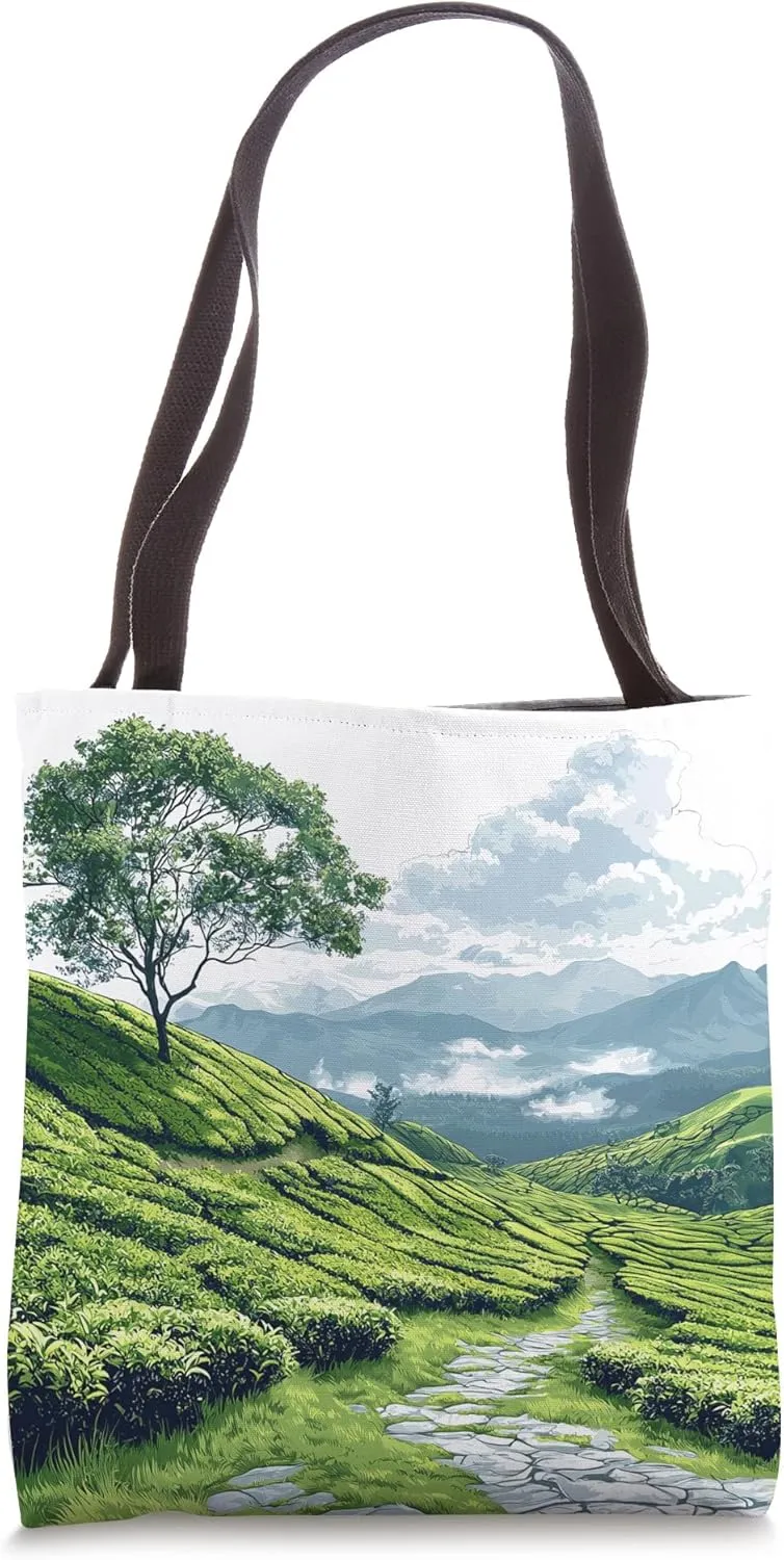 Hills With Tea Plantations Vintage Landscape Graphic Tote Bag