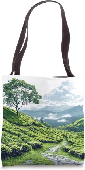 Hills With Tea Plantations Vintage Landscape Graphic Tote Bag