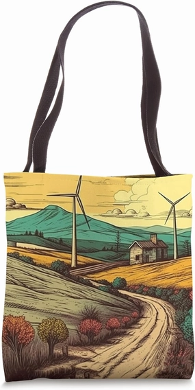 Hills With Wind Turbines Vintage Landscape Graphic Tote Bag