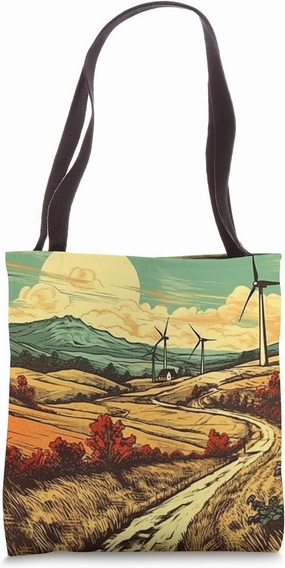 Hills With Wind Turbines Vintage Landscape Graphic Tote Bag