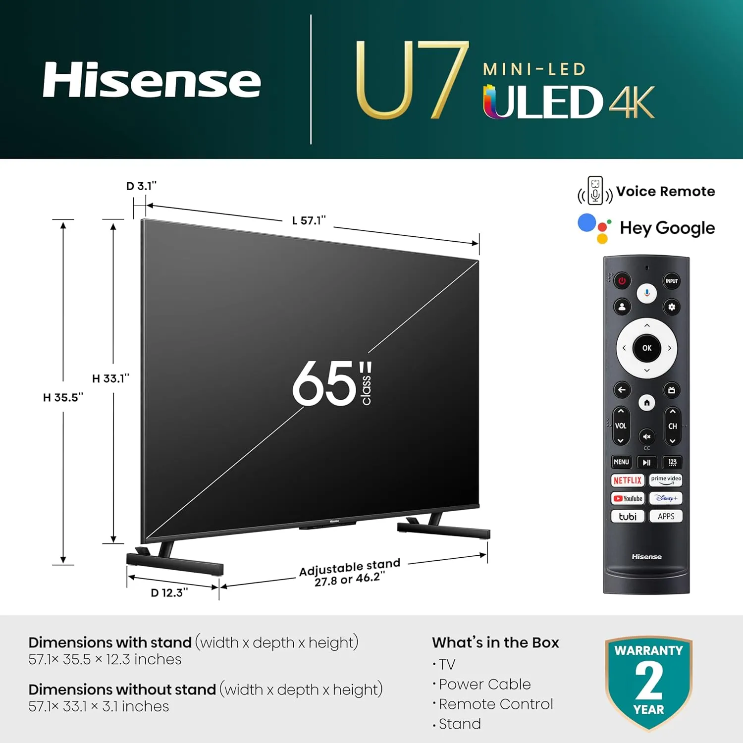 Hisense 65-Inch Class U7 Series Mini-LED ULED 4K UHD Google Smart TV (65U7K) - QLED, Native 144Hz, 1000-Nit, Dolby Vision IQ, Full Array Local Dimming, Game Mode Pro, Alexa Compatibility, 65U7K