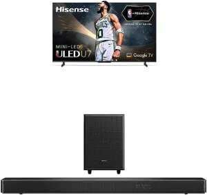 Hisense 85-Inch Class U7 Series ULED Mini-LED Dolby Vision IQ 144Hz Google Smart TV (85U7K) AX3125H 3.1.2Ch 440W Dolby Atmos Soundbar with Wireless Subwoofer