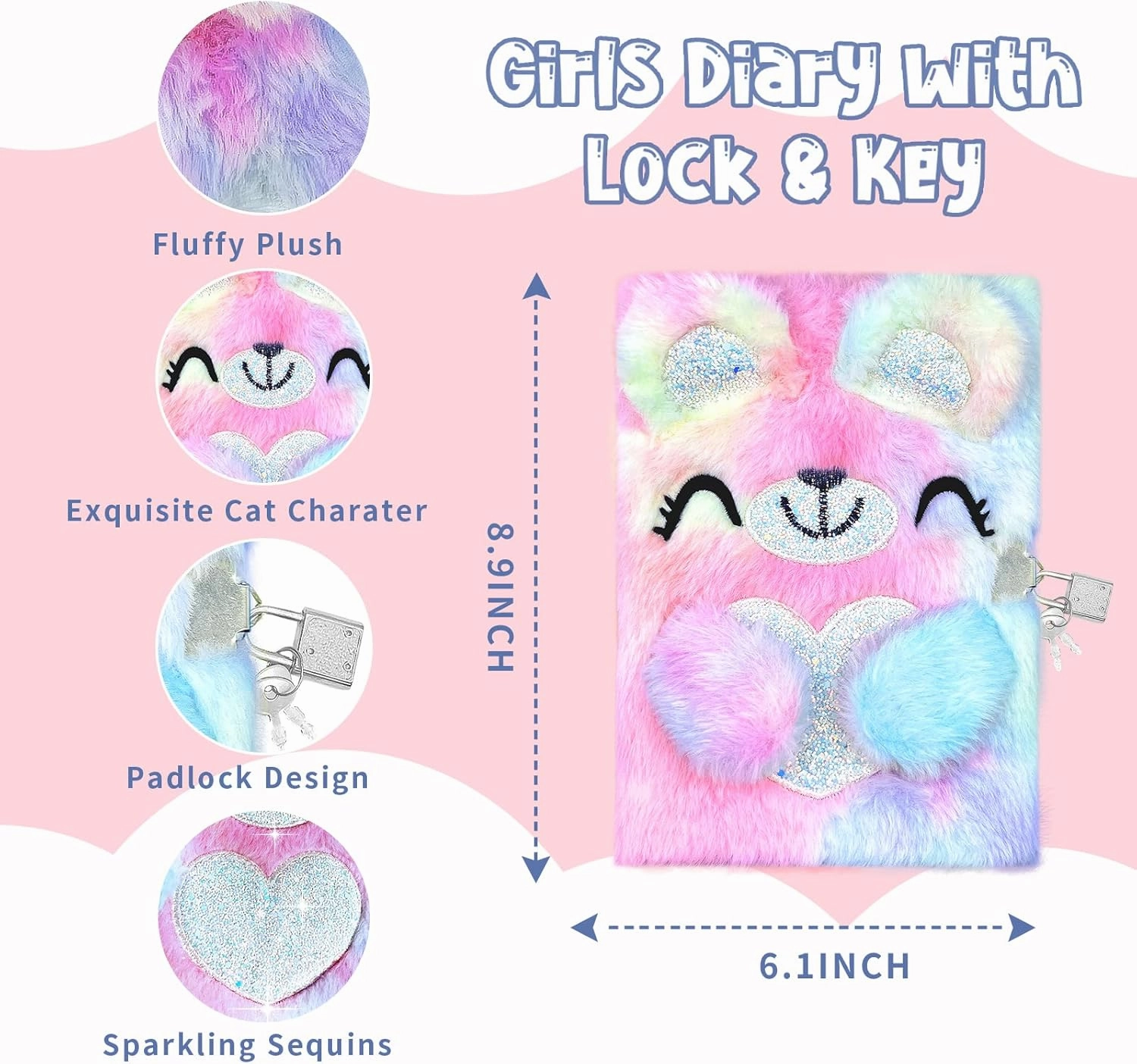 homicozy Bear Diary for Girls with lock and keys, Kids Journal School Travel Notebook Gift Set for Writing and Drawing,Plush Secret Diary with Multicolored Pen Stickers Purse Keychain