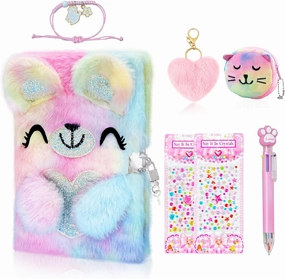homicozy Bear Diary for Girls with lock and keys, Kids Journal School Travel Notebook Gift Set for Writing and Drawing,Plush Secret Diary with Multicolored Pen Stickers Purse Keychain