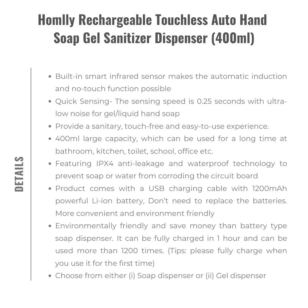 Homlly Rechargeable Touchless Auto Hand  Soap Gel Sanitizer Dispenser (400ml)