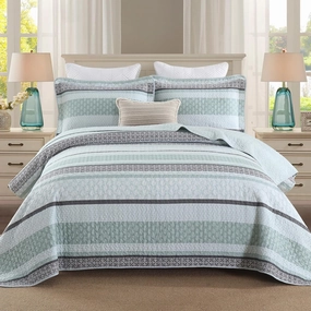 Homzard King Size Quilt,Cotton King Size Comforter Set,Mint Green Grey Bedding Set,Striped Bedspread,Lightweight 3 Piece