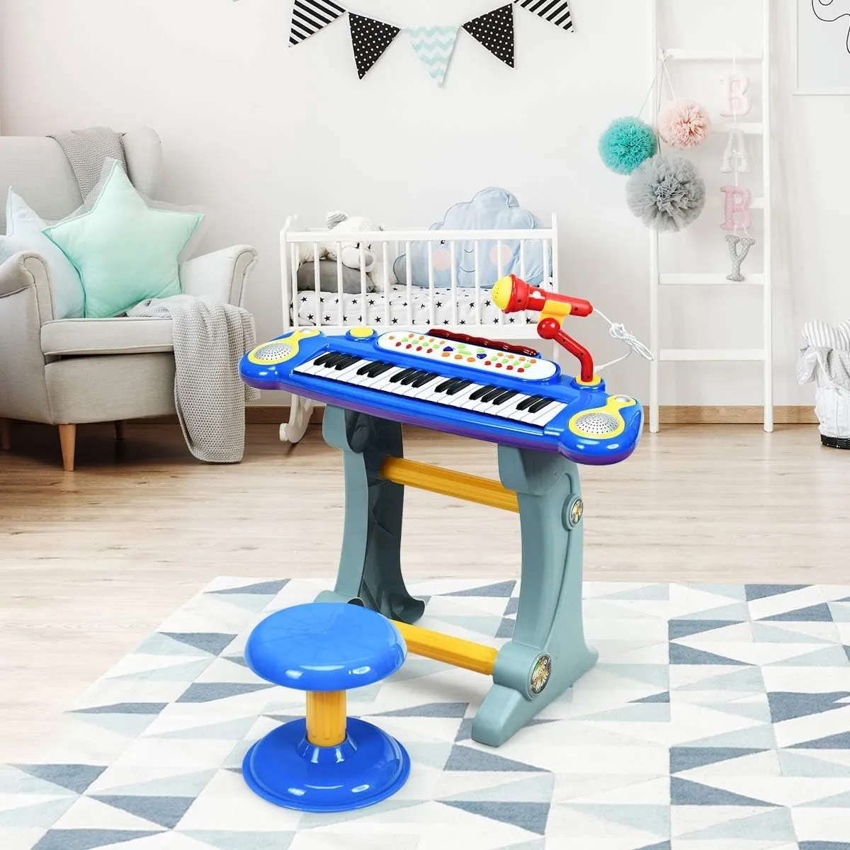 HONEY JOY 37-Key Toy Piano Keyboard, Electronic Keyboard with Microphone, Stool, Teaching Functions, Record and Playback, Educational Instrument for Kids and Toddlers (Blue)