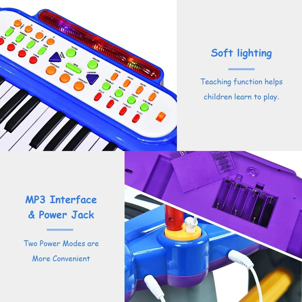 HONEY JOY 37-Key Toy Piano Keyboard, Electronic Keyboard with Microphone, Stool, Teaching Functions, Record and Playback, Educational Instrument for Kids and Toddlers (Blue)