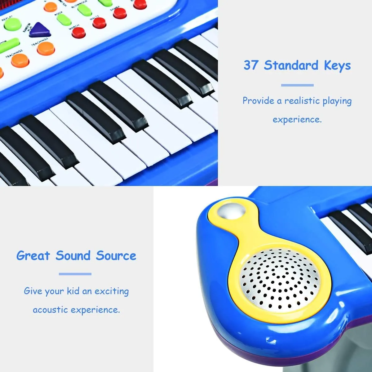 HONEY JOY 37-Key Toy Piano Keyboard, Electronic Keyboard with Microphone, Stool, Teaching Functions, Record and Playback, Educational Instrument for Kids and Toddlers (Blue)
