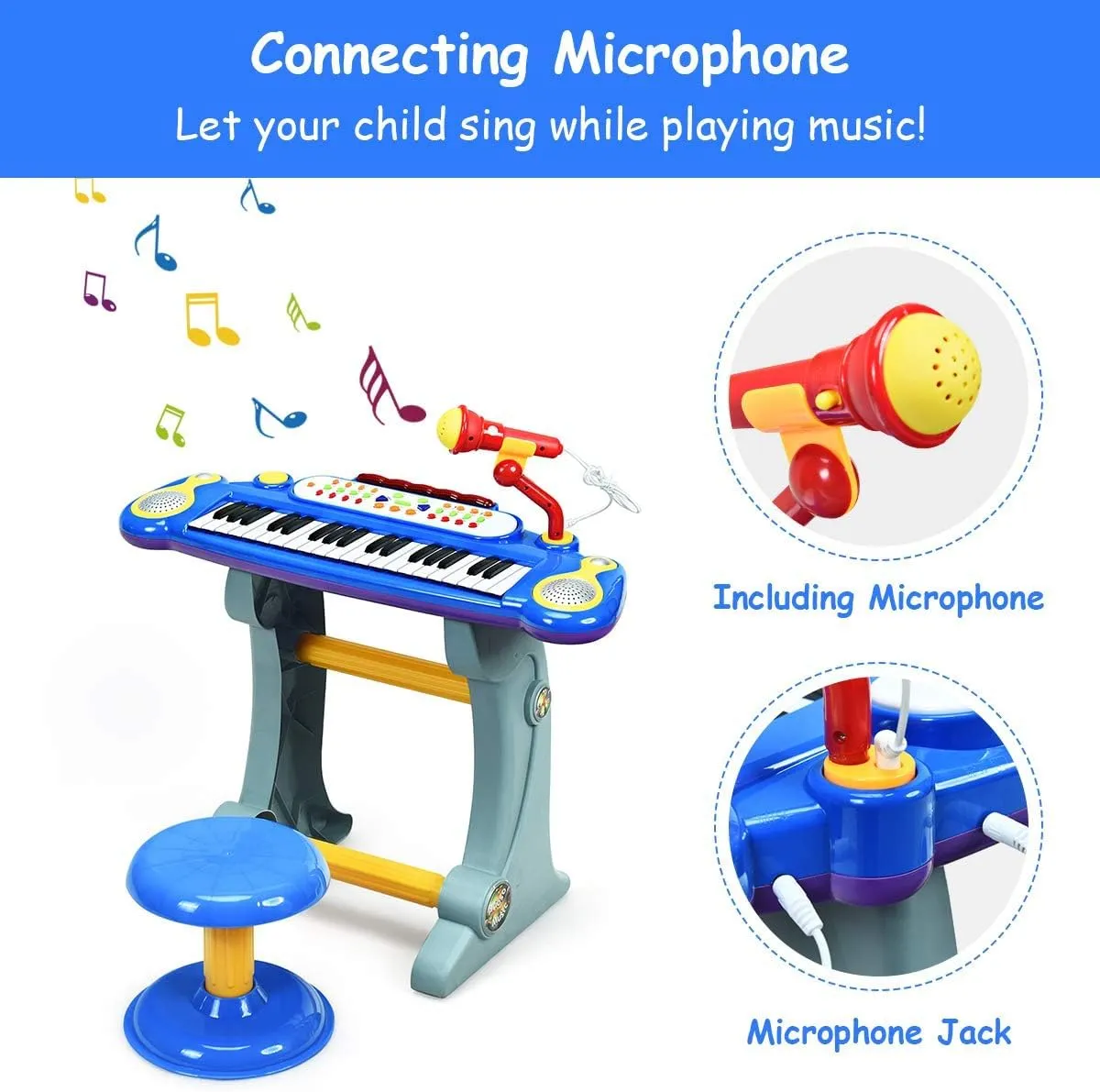 HONEY JOY 37-Key Toy Piano Keyboard, Electronic Keyboard with Microphone, Stool, Teaching Functions, Record and Playback, Educational Instrument for Kids and Toddlers (Blue)