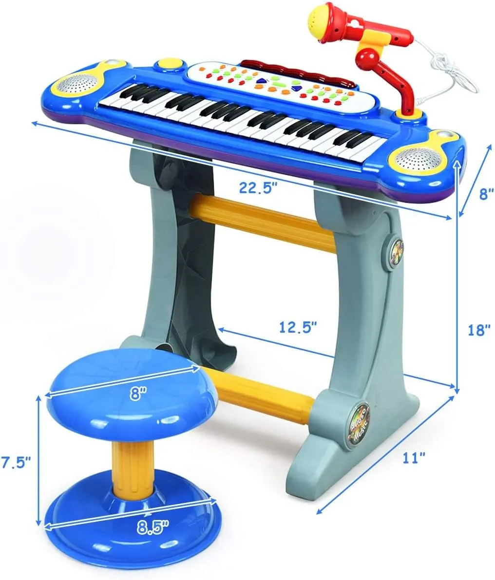 HONEY JOY 37-Key Toy Piano Keyboard, Electronic Keyboard with Microphone, Stool, Teaching Functions, Record and Playback, Educational Instrument for Kids and Toddlers (Blue)