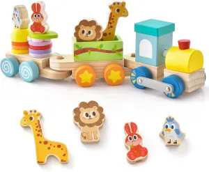 HONEY JOY Wooden Train Set, 3 Pcs Stacking Train Cars with Cute Blocks, Classic Montessori Educational Toy for Toddlers, Train Toys for Boys Girls