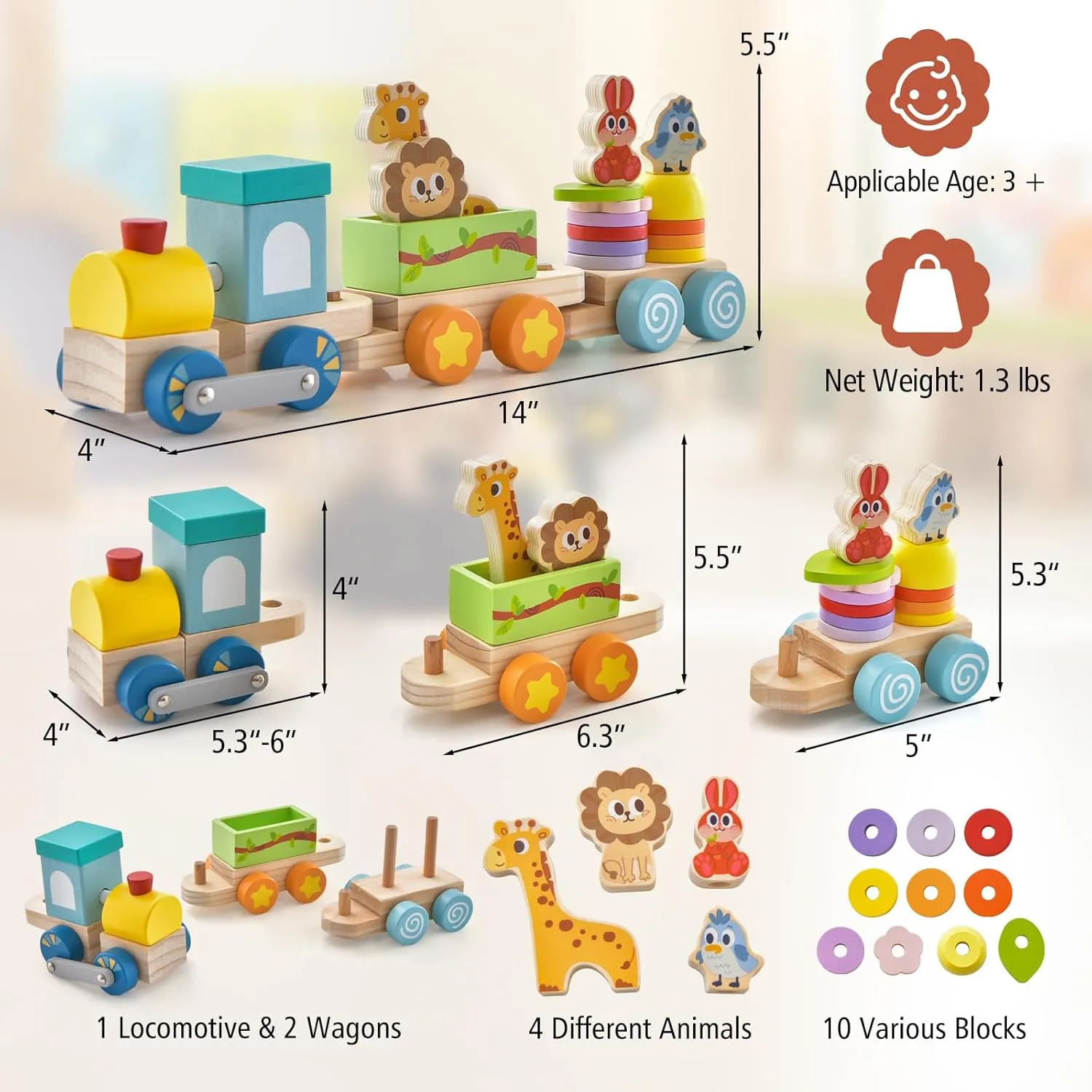 HONEY JOY Wooden Train Set, 3 Pcs Stacking Train Cars with Cute Blocks, Classic Montessori Educational Toy for Toddlers, Train Toys for Boys Girls