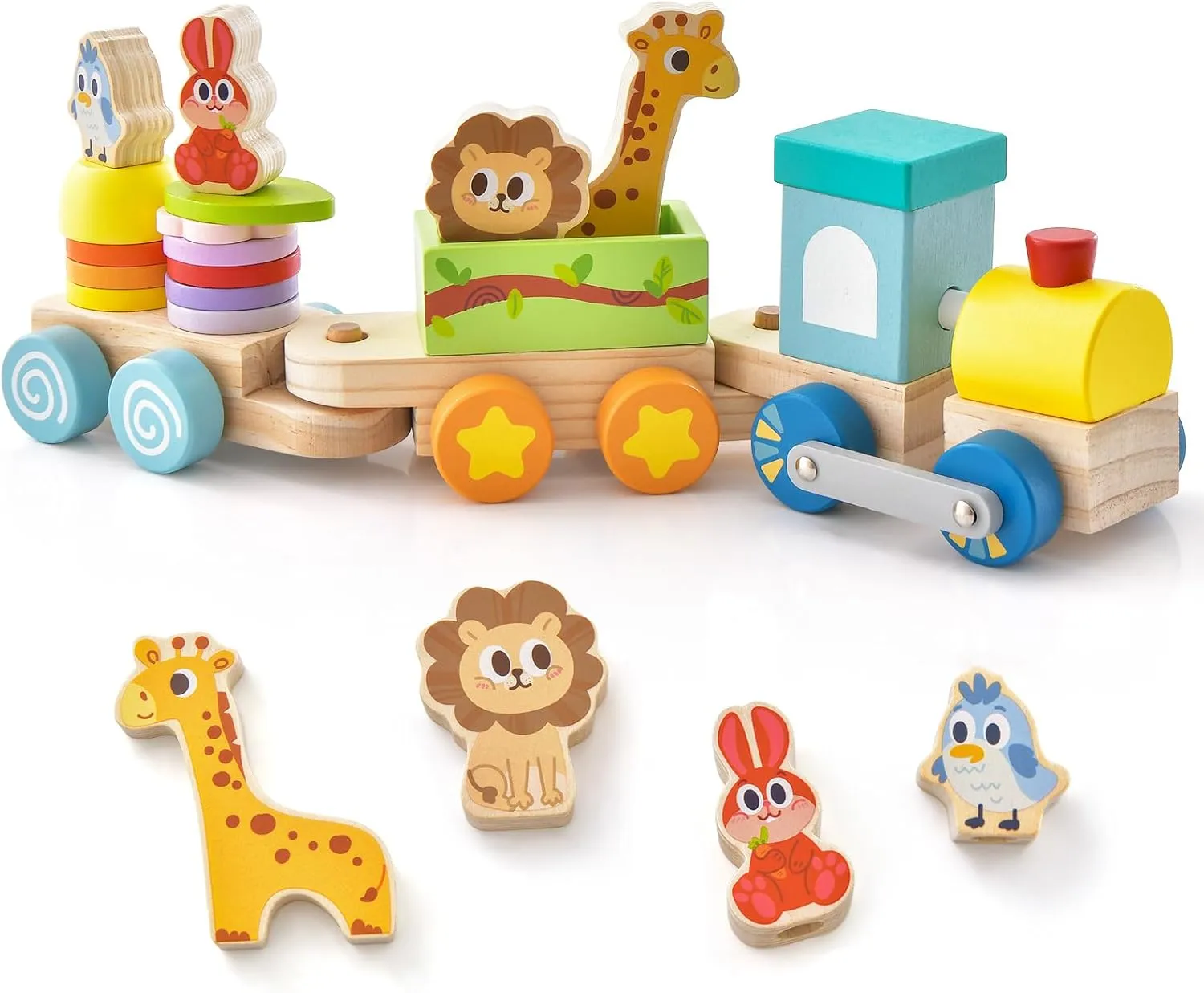HONEY JOY Wooden Train Set, 3 Pcs Stacking Train Cars with Cute Blocks, Classic Montessori Educational Toy for Toddlers, Train Toys for Boys Girls