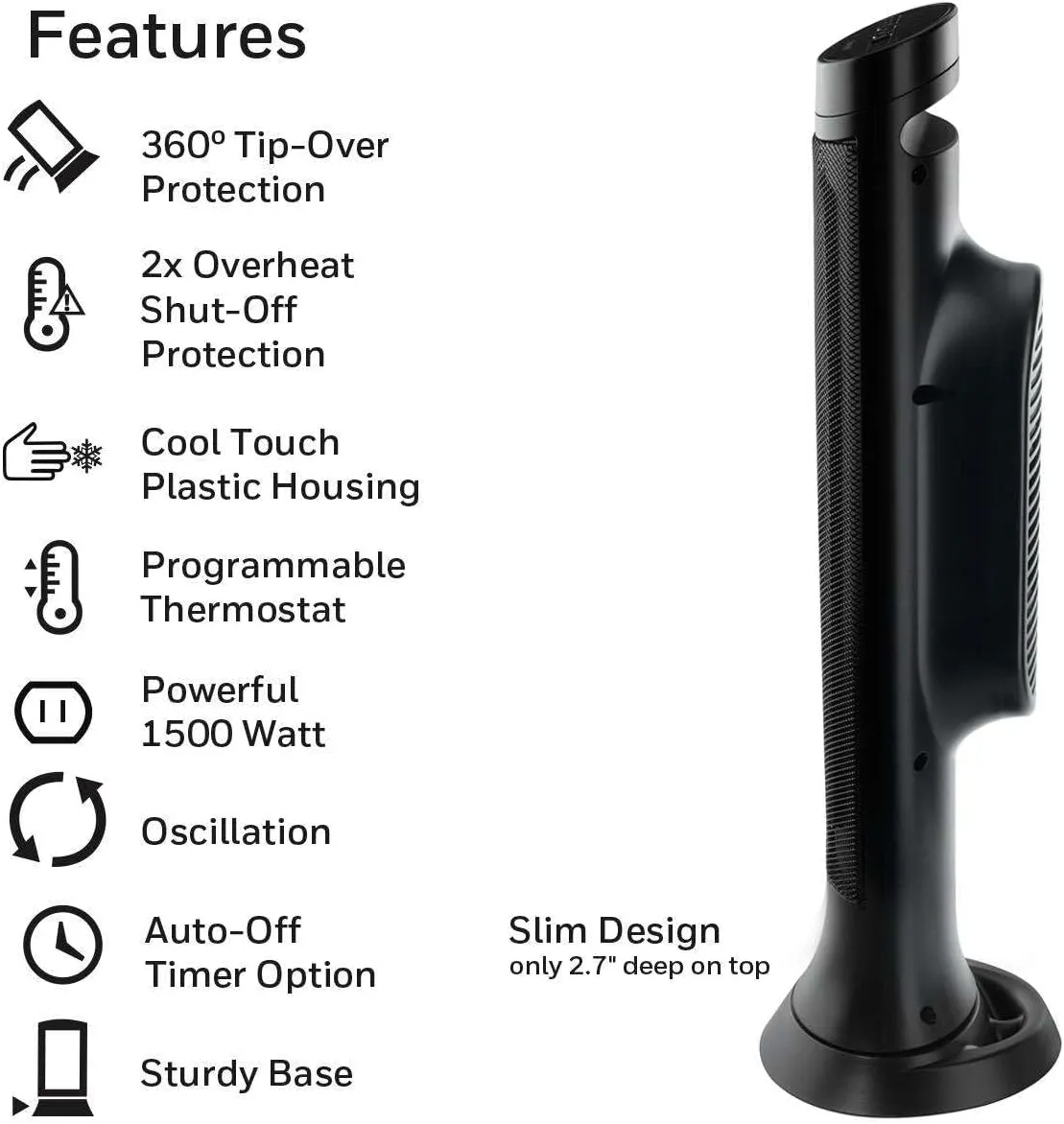 Honeywell Slim Ceramic Tower Heater, Large Room, Black – Easy to Use Ceramic Heater – Slim Space Heater with Two Heat Settings