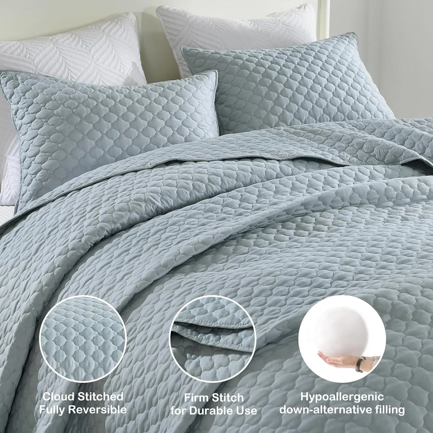 HORIMOTE HOME Quilt Queen Size Chambray Blue, Lightweight Quilt for Summer Ultra-Soft Microfiber Modern Style Quilted Clouds Pattern Bedspread Quit Set 3 Pieces(1 Quilt and 2 Pillow Shams)