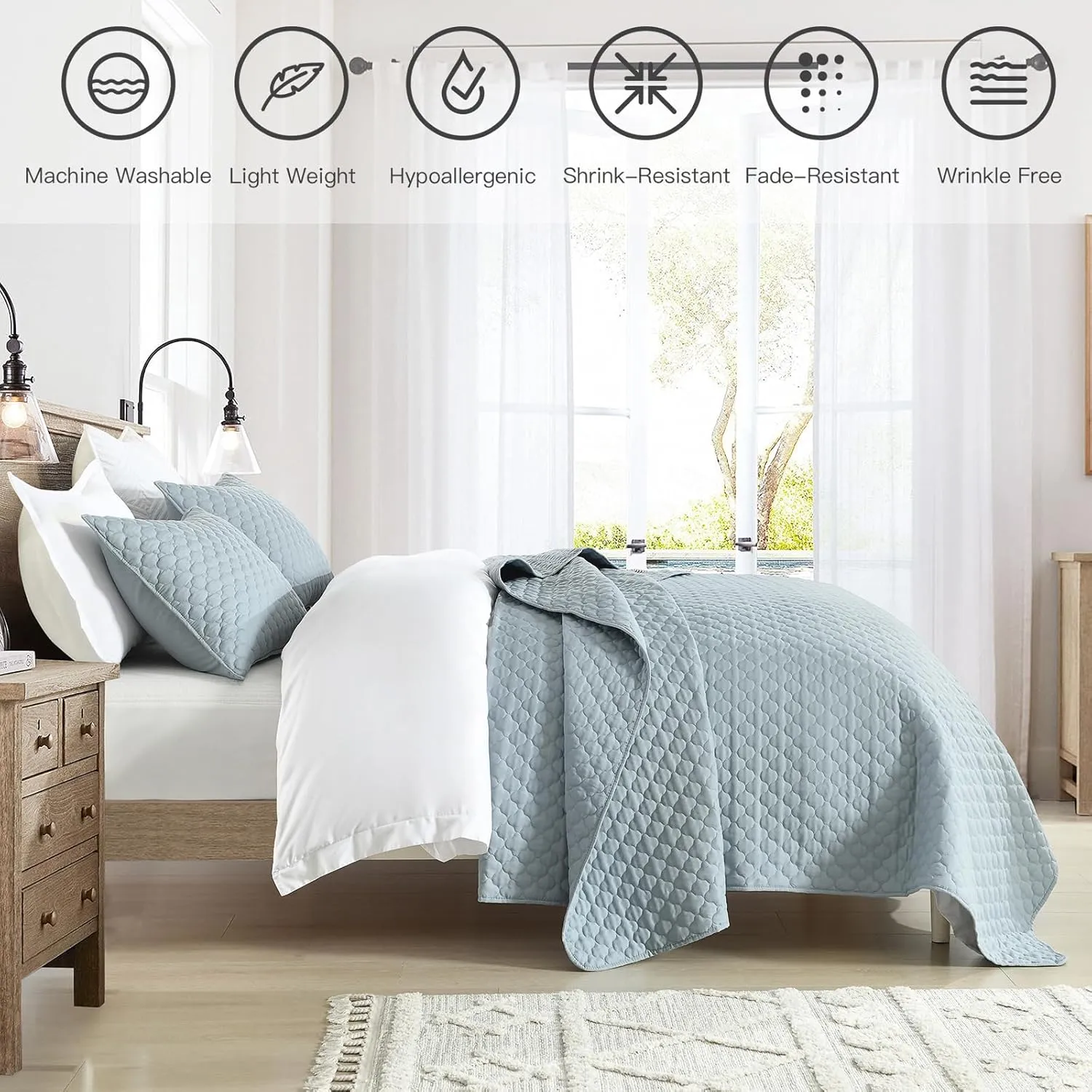 HORIMOTE HOME Quilt Queen Size Chambray Blue, Lightweight Quilt for Summer Ultra-Soft Microfiber Modern Style Quilted Clouds Pattern Bedspread Quit Set 3 Pieces(1 Quilt and 2 Pillow Shams)