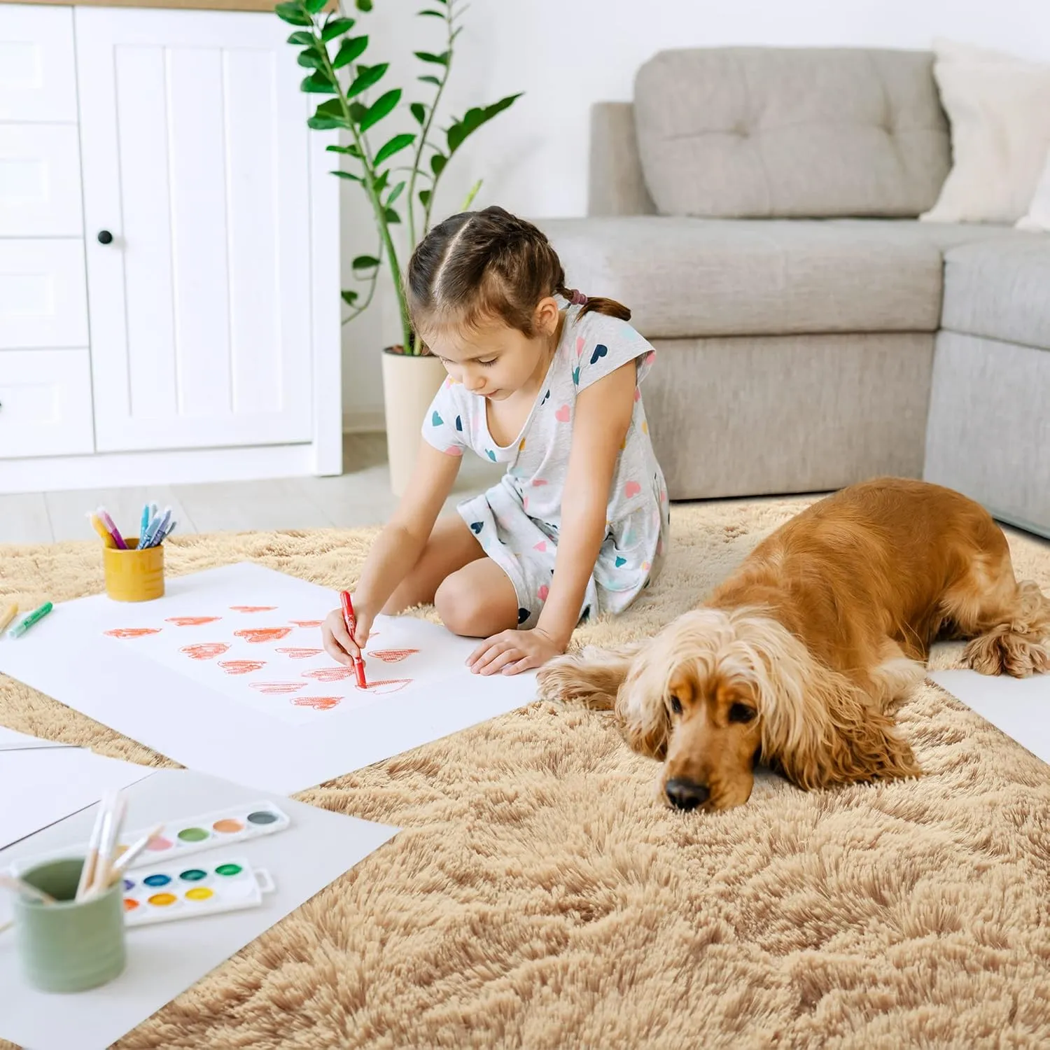 HQAYW Modern Fluffy Area Rug, Shaggy Rugs for Bedroom Living Room Ultra Soft Shag Fur Carpets for Kids Girls Nursery Plush Fuzzy Rug Cute Home Decor Rug, 3'x 5', Light Tan