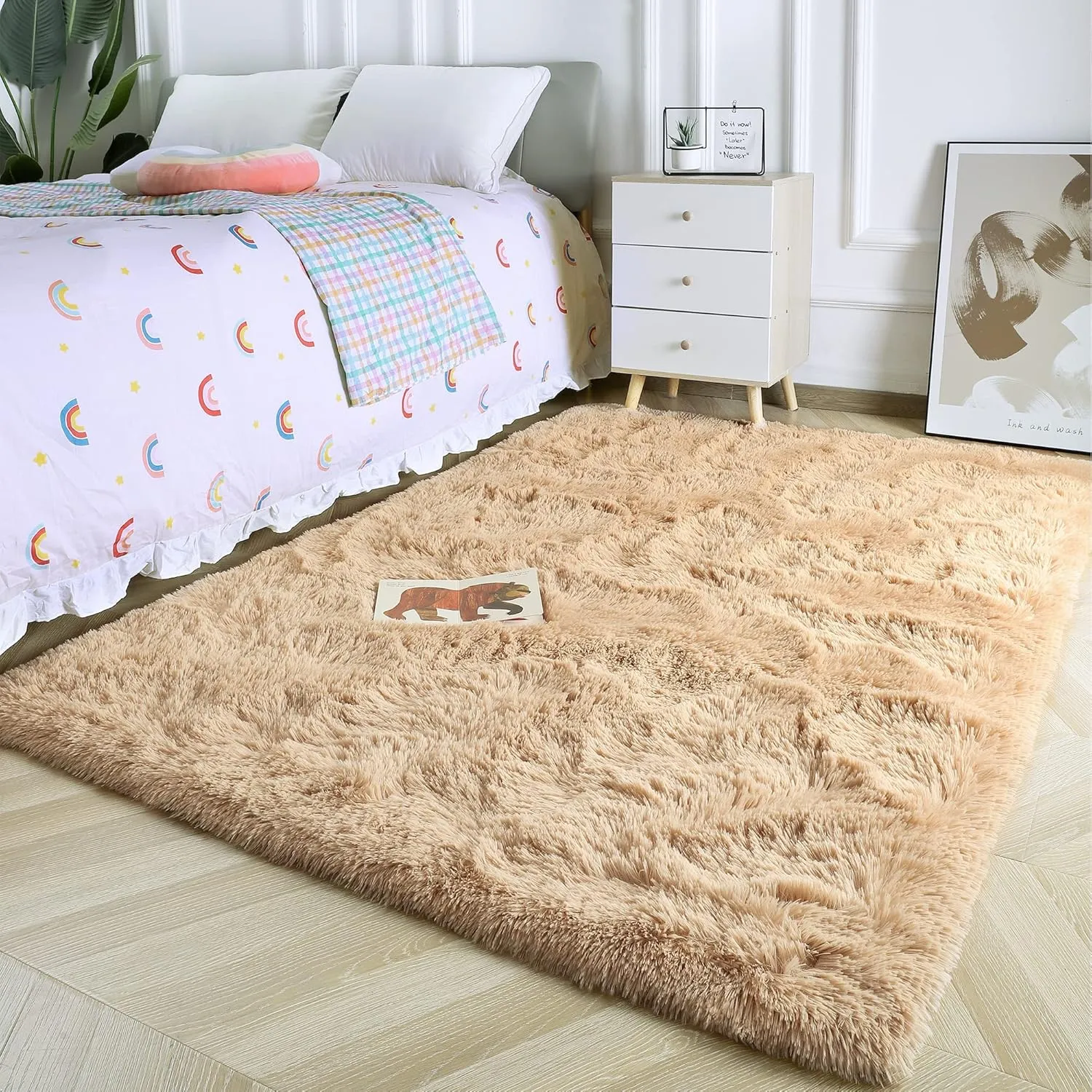 HQAYW Modern Fluffy Area Rug, Shaggy Rugs for Bedroom Living Room Ultra Soft Shag Fur Carpets for Kids Girls Nursery Plush Fuzzy Rug Cute Home Decor Rug, 3'x 5', Light Tan