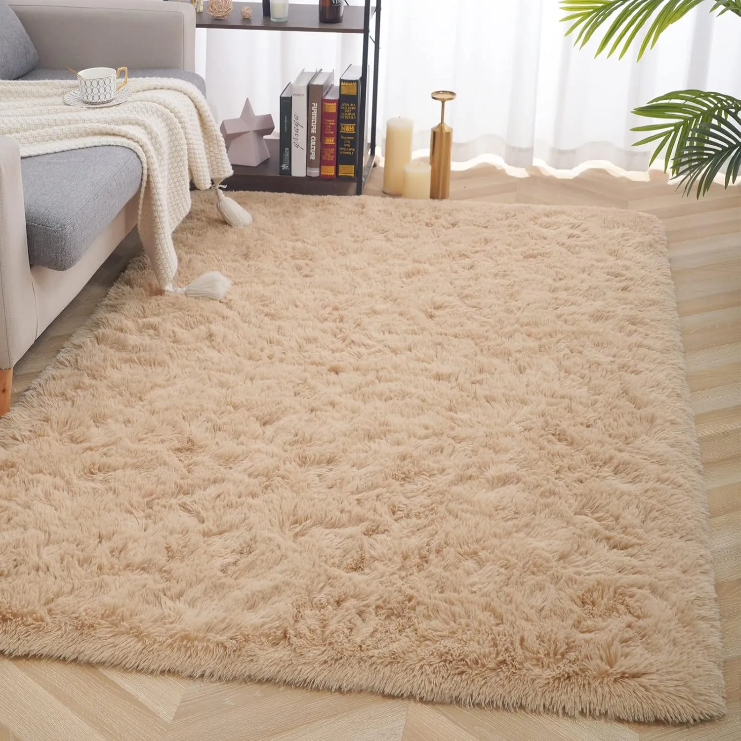 HQAYW Modern Fluffy Area Rug, Shaggy Rugs for Bedroom Living Room Ultra Soft Shag Fur Carpets for Kids Girls Nursery Plush Fuzzy Rug Cute Home Decor Rug, 3'x 5', Light Tan