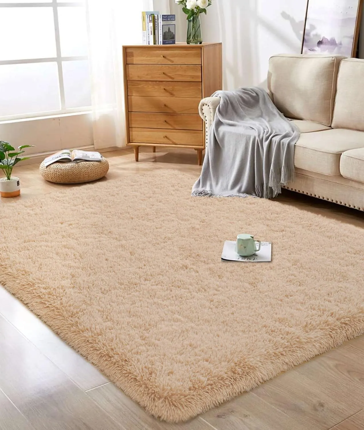 HQAYW Modern Fluffy Area Rug, Shaggy Rugs for Bedroom Living Room Ultra Soft Shag Fur Carpets for Kids Girls Nursery Plush Fuzzy Rug Cute Home Decor Rug, 3'x 5', Light Tan