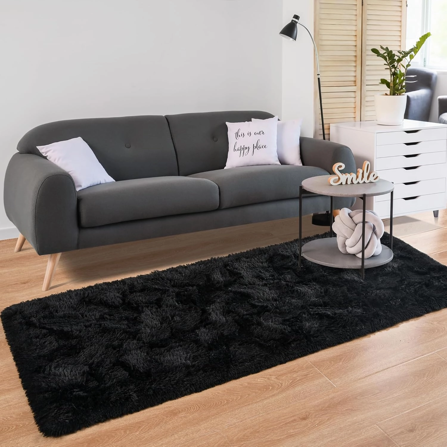 HQAYW Fluffy Runner Rug for Bedroom Living Room, Soft Shaggy Kids Girls Room Rugs Bedside Rug Dorm Rug with Non Slip Backing Plush Fuzzy Hallway Carpet Indoor Home Decor, 2' x 6', Black