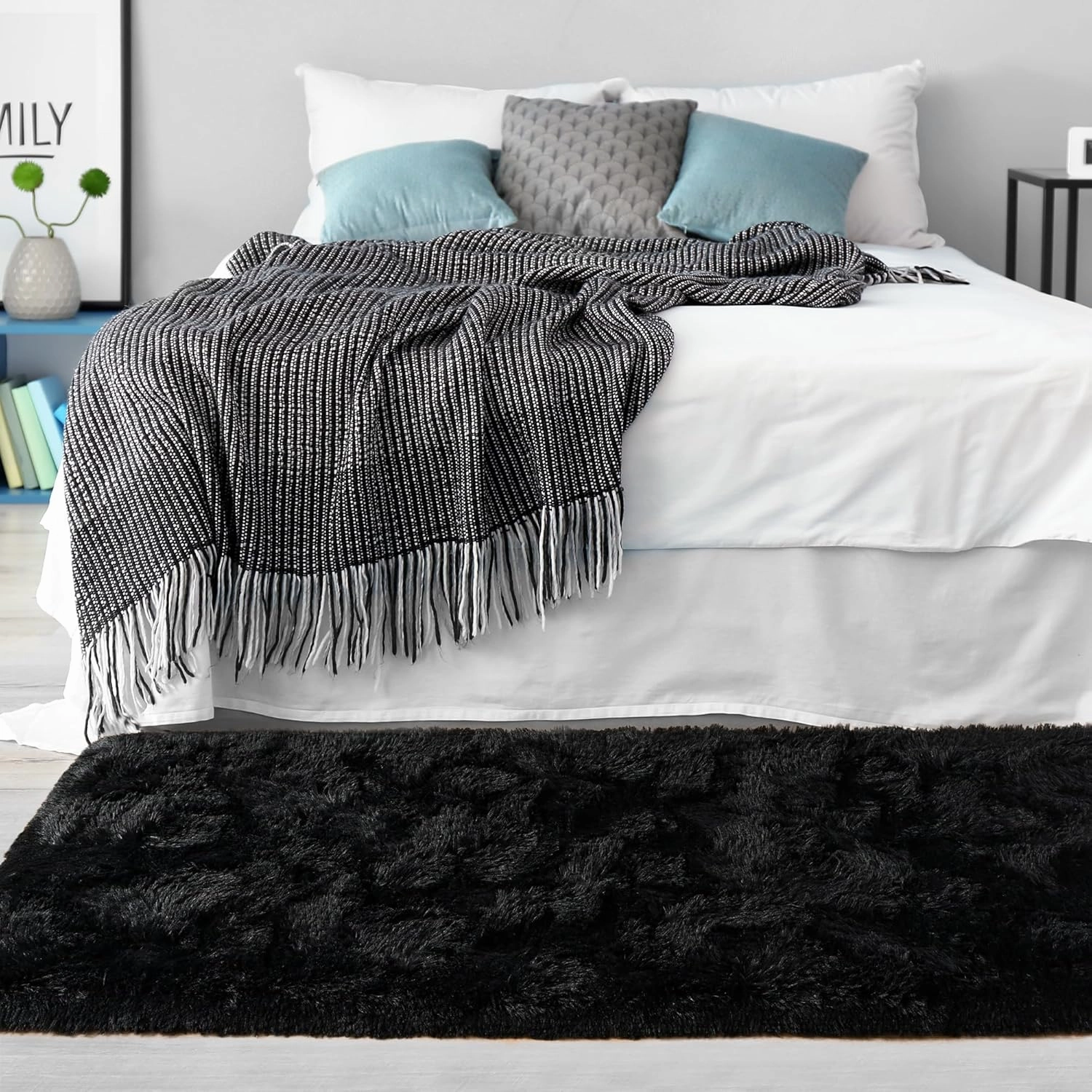 HQAYW Fluffy Runner Rug for Bedroom Living Room, Soft Shaggy Kids Girls Room Rugs Bedside Rug Dorm Rug with Non Slip Backing Plush Fuzzy Hallway Carpet Indoor Home Decor, 2' x 6', Black