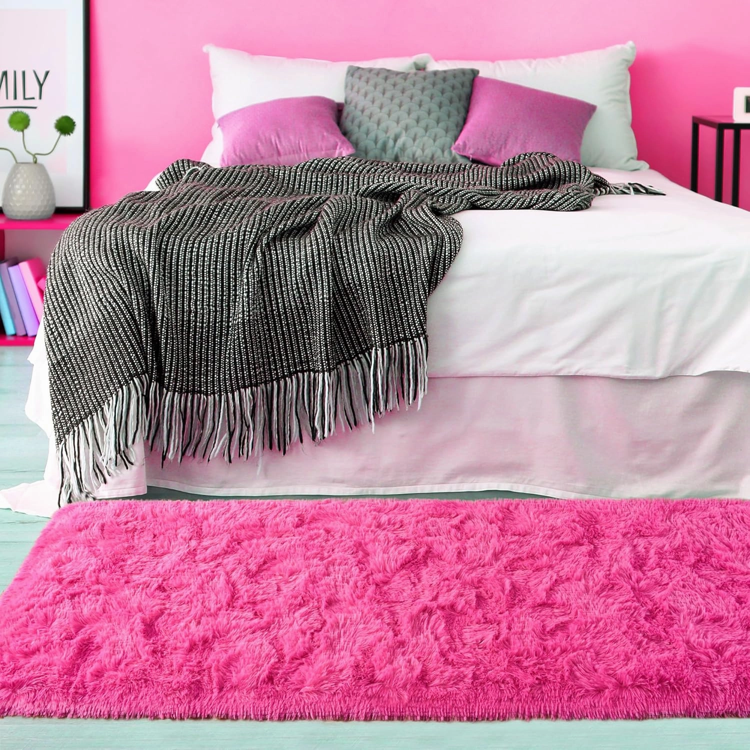 HQAYW Fluffy Runner Rug for Bedroom Living Room, Soft Shaggy Kids Girls Room Rugs Bedside Rug Dorm Rug with Non Slip Backing Plush Fuzzy Hallway Carpet Indoor Home Decor, 2' x 6', Hot Pink